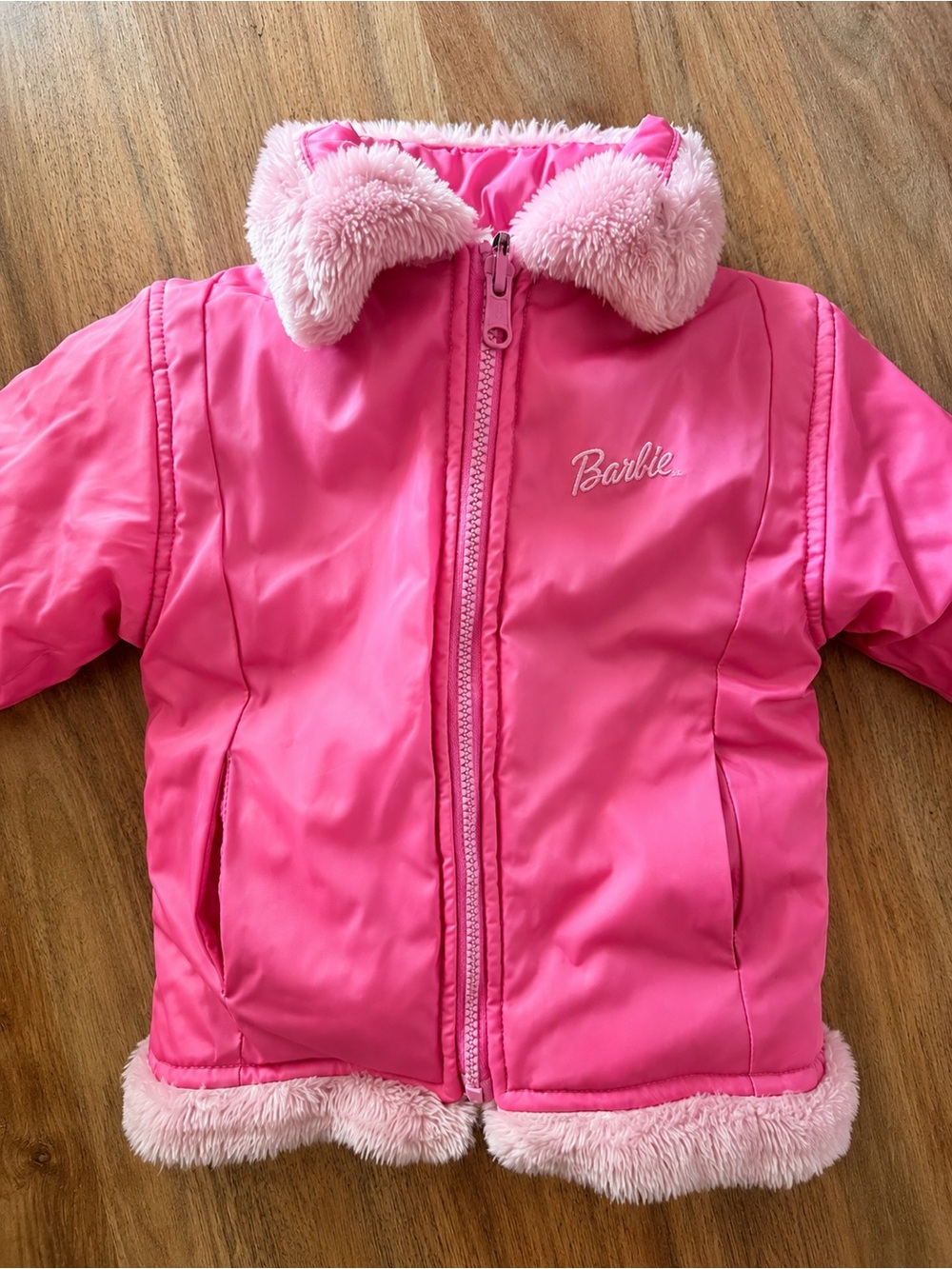 Barbie Girls Pink Faux Fur Lined Puffer Jacket Coat 2T 3T Y2K